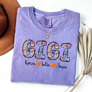 Comfort Colors Personalized Gigi Shirt with Grandkids Names, Floral Gigi T-Shirt, Gigi Gifts, Custom Kids Names Grandma Shirt