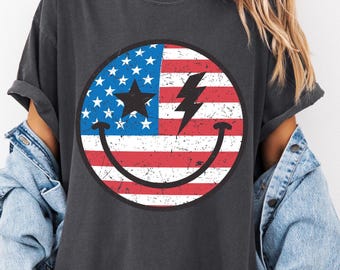 Maglietta Comfort Colors® American Happy Face, maglietta con bandiera americana Happy Face, maglietta trendy con faccina carina, regalo per lei