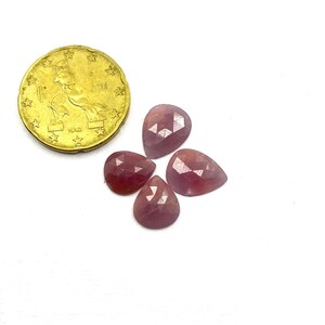 May include: Four faceted, teardrop-shaped, pink gemstones are arranged near a gold coin. The gemstones have a translucent quality and are set against a white background. The coin is a Euro coin.