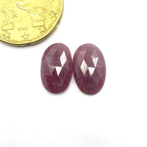 Puede incluir: Dos gemas facetadas, de forma ovalada, de color rojo intenso. Las gemas se muestran sobre una superficie blanca junto a una moneda de oro. La moneda tiene el año 2011.