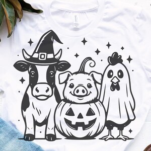 Halloween Farm Animals, Halloween T-shirt Svgs, Barn Animal Pngs, Pig Pumpkin Svg, Cow Witch Hat, Chicken Ghost, Rooster Cut Files, Costumes