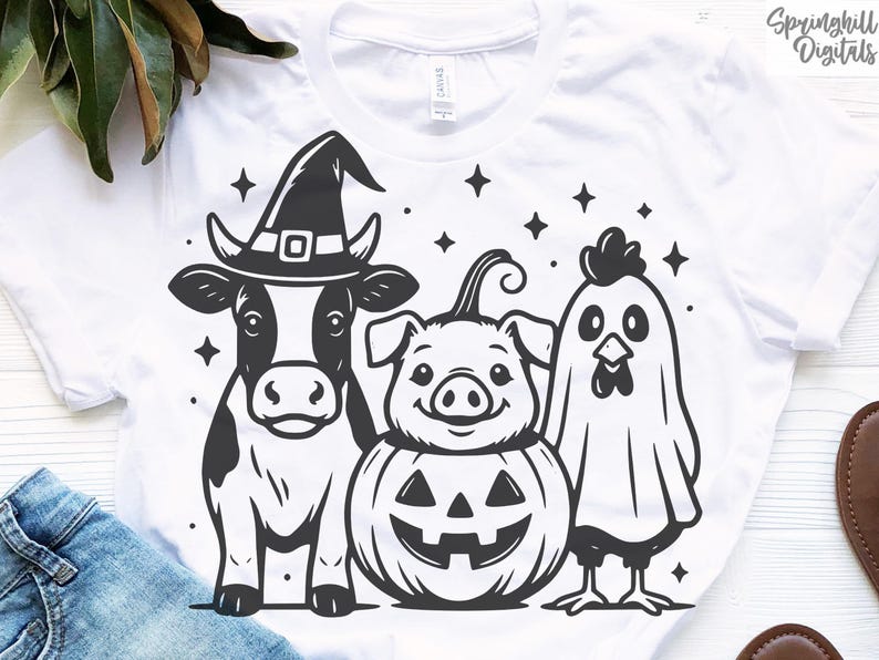 Halloween Farm Animals, Halloween T-shirt Svgs, Barn Animal Pngs, Pig Pumpkin Svg, Cow Witch Hat, Chicken Ghost, Rooster Cut Files, Costumes