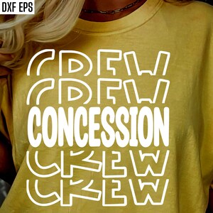 May include: A yellow t-shirt with the text "Crew Concession Crew" in white outlined letters.