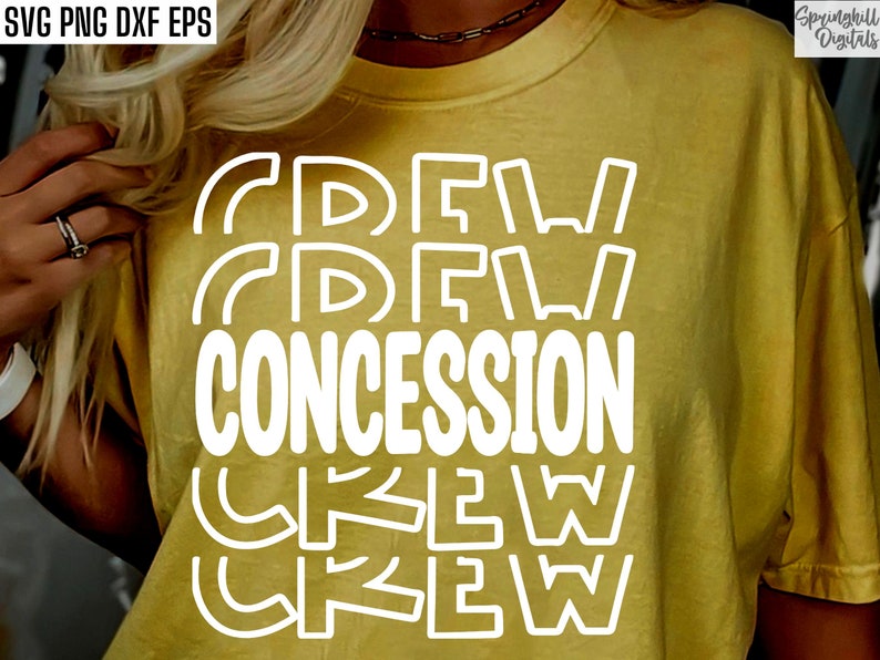 May include: A yellow t-shirt with the text "Crew Concession Crew" in white outlined letters.