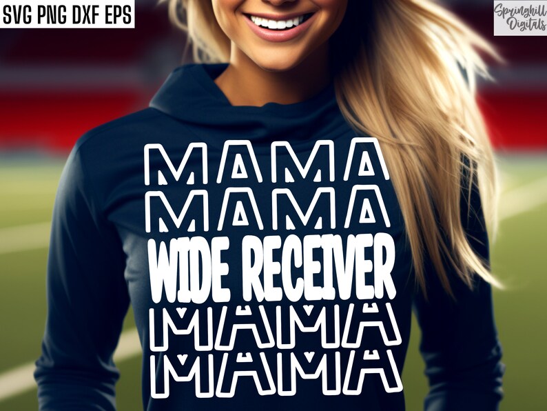 May include: A navy blue hoodie with the text "Mama Mama Wide Receiver Mama Mama" in white outlined letters.