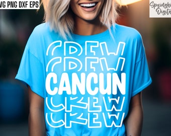May include: A blue t-shirt with the text "CREW CAN CUN CREW" in white outlined letters.