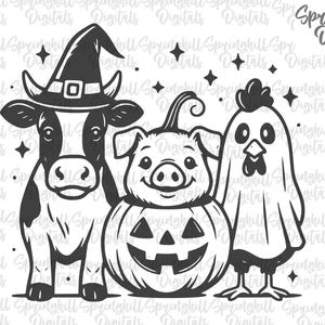 Halloween Farm Animals, Halloween T-shirt Svgs, Barn Animal Pngs, Pig Pumpkin Svg, Cow Witch Hat, Chicken Ghost, Rooster Cut Files, Costumes