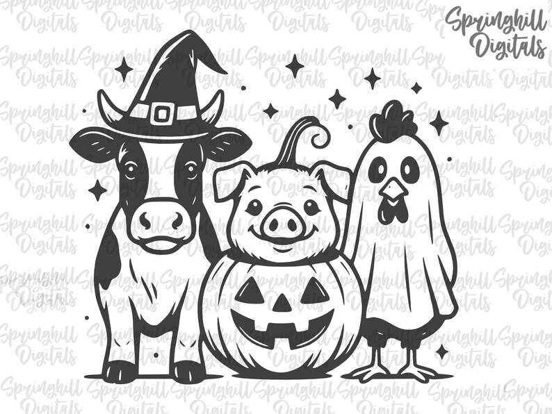 Halloween Farm Animals, Halloween T-shirt Svgs, Barn Animal Pngs, Pig Pumpkin Svg, Cow Witch Hat, Chicken Ghost, Rooster Cut Files, Costumes