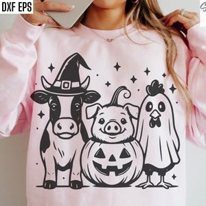 Halloween Farm Animals, Halloween T-shirt Svgs, Barn Animal Pngs, Pig Pumpkin Svg, Cow Witch Hat, Chicken Ghost, Rooster Cut Files, Costumes
