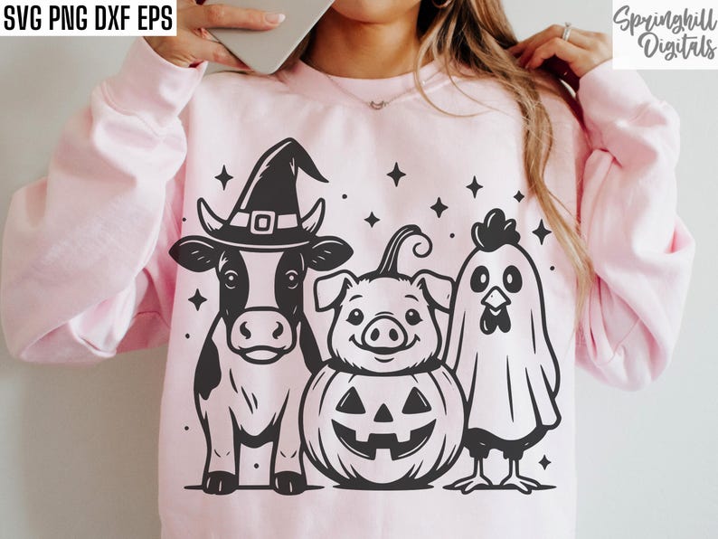 Halloween Farm Animals, Halloween T-shirt Svgs, Barn Animal Pngs, Pig Pumpkin Svg, Cow Witch Hat, Chicken Ghost, Rooster Cut Files, Costumes