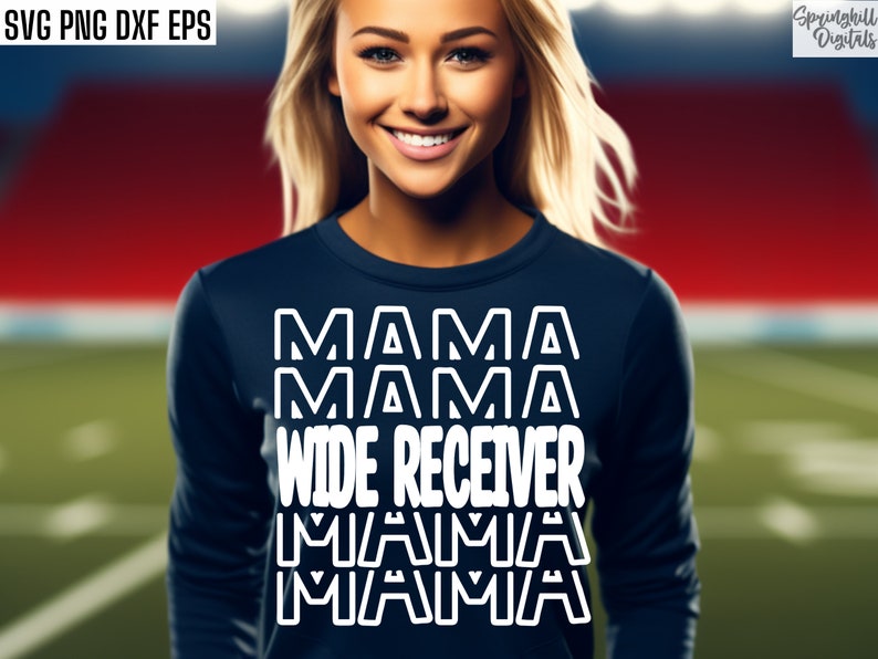 May include: A navy blue long-sleeved shirt with the text "Mama Mama Wide Receiver Mama Mama" in white outlined letters.