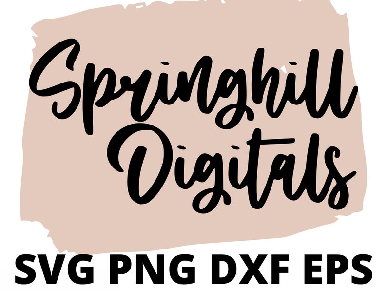K&ouml;nnte beinhalten: Ein Logo f&uuml;r einen digitalen Designshop mit dem Text "Springhill Digitals" in schwarzer Schrift auf einem hellbraunen Hintergrund. Der Text "SVG PNG DXF EPS" befindet sich unter dem Logo.