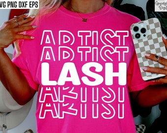 May include: A pink t-shirt with the text "Addict Lash" in white outlined letters. The text is repeated twice, with the second instance of the text being smaller than the first.