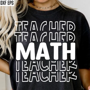 May include: A black t-shirt with white text that reads "Teacher Teacher Math Teacher Teacher".