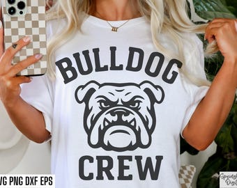 Svg d'équipage de bouledogue, conception de tshirt de bouledogue, Png d'acclamation de l'escouade, Svg de football de variété, sport de lycée, Svg de mascotte d'équipe, fichier coupé de T-shirt de bouledogue