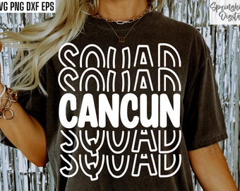 May include: A black t-shirt with white text that reads "Cancun Squad" in a retro style font. The text is repeated multiple times, with each repetition slightly offset from the one above it.
