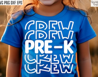 May include: A blue t-shirt with white text that reads "Crew Pre-K Crew" in a layered, stacked design.