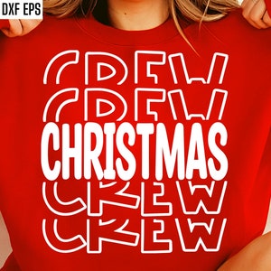 Könnte beinhalten: Roter Pullover mit weißem Text, der "Crew Christmas Crew" in einer übereinanderliegenden Schriftart lautet.