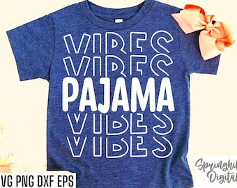 May include: A blue t-shirt with white text that reads "VIBES PAJAMA VIBES". The text is in a retro font style.