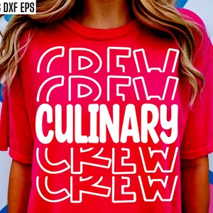 May include: A red t-shirt with the text "CREW CULINARY CREW" in white outlined letters. The text is stacked vertically with the word "CULINARY" in the center.