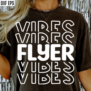 May include: A black t-shirt with white text that reads "Vibes Flyer Vibes" in a layered, stacked design.