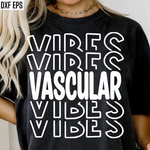 May include: A black t-shirt with white text that reads "VIBES VASCULAR VIBES" in a retro font.