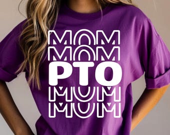 May include: Purple t-shirt with white text that reads "MOM PTO MUM" in a retro style font.