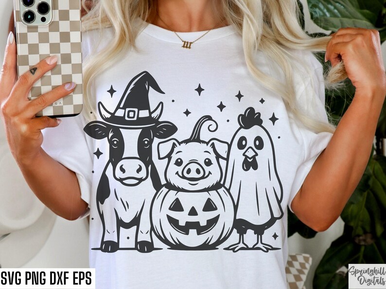 Halloween Farm Animals, Halloween T-shirt Svgs, Barn Animal Pngs, Pig Pumpkin Svg, Cow Witch Hat, Chicken Ghost, Rooster Cut Files, Costumes