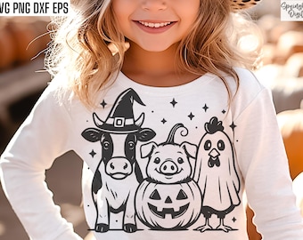 Animaux de la ferme Halloween, Svgs Halloween T-shirt, images d'animaux de grange, Svg cochon citrouille, chapeau de vache de sorcière, fantôme de poulet, fichiers coupés coq, déguisements