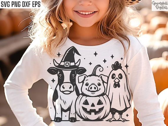 Halloween Farm Animals, Halloween T-shirt Svgs, Barn Animal Pngs, Pig Pumpkin Svg, Cow Witch Hat, Chicken Ghost, Rooster Cut Files, Costumes