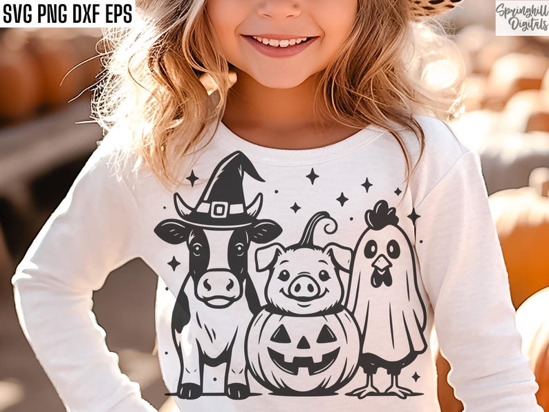 Halloween Farm Animals, Halloween T-shirt Svgs, Barn Animal Pngs, Pig Pumpkin Svg, Cow Witch Hat, Chicken Ghost, Rooster Cut Files, Costumes