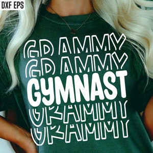 May include: A green t-shirt with the text "Grammy Gymnast" in white outlined letters.