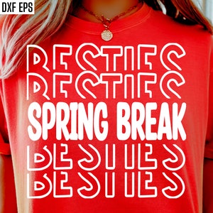 May include: Red t-shirt with white text that reads "Rest, Spring Break, Besides" in a retro font.