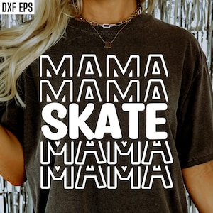 Puede incluir: Una camiseta negra con el texto "MAMA SKATE MAMA MAMA" en letras blancas con contorno.