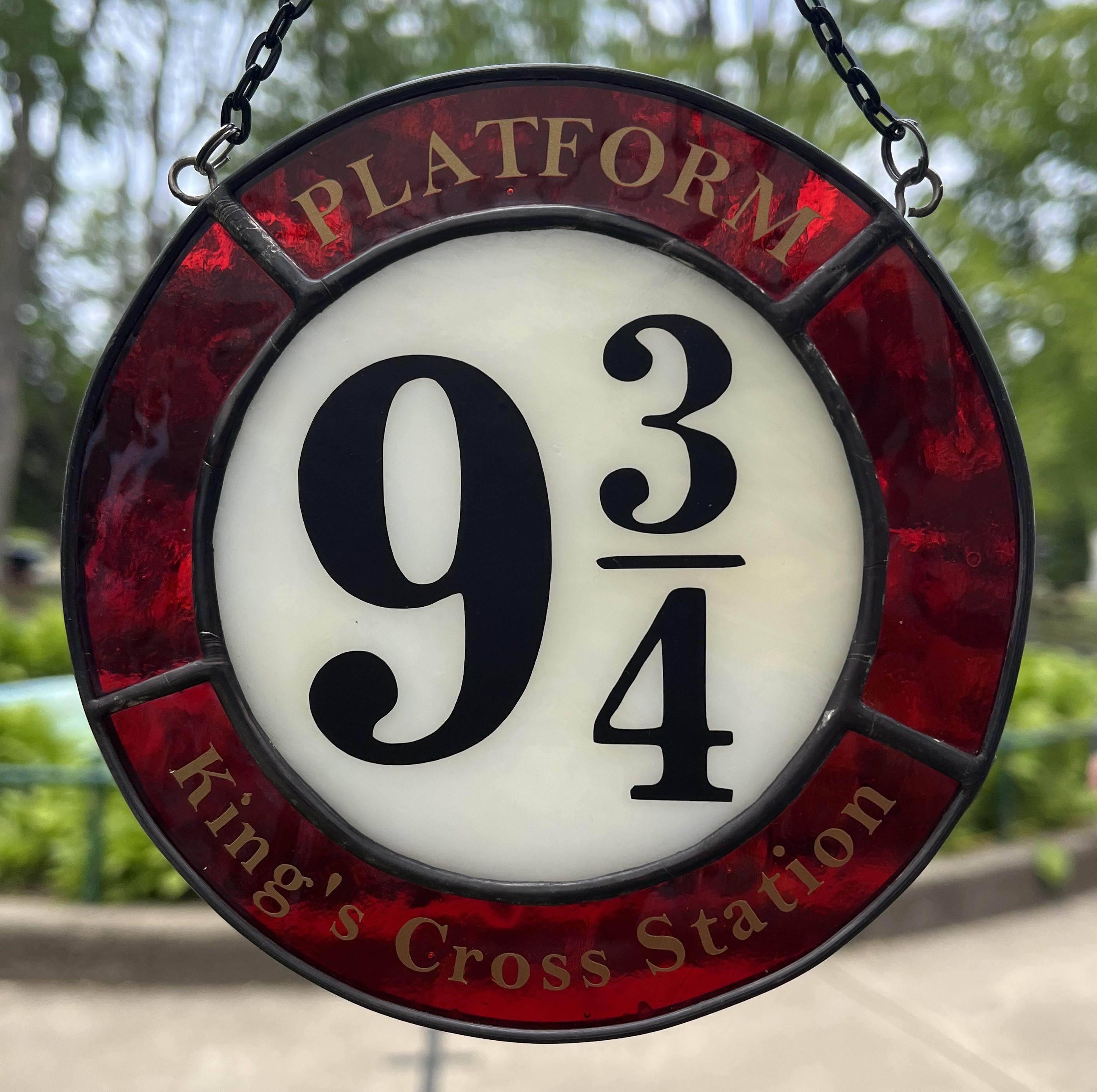Stained Glass Platform 9 3/4 Sign – Handmade King’s Cross Harry Potter Decor – Wizard Gift – Red & White Glass Hanging Window Panel