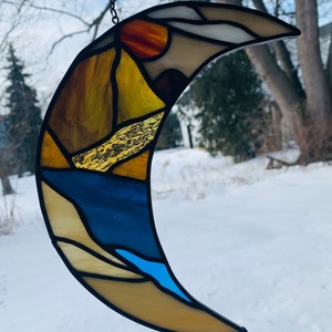 Moon Mountain Stained Glass Panel