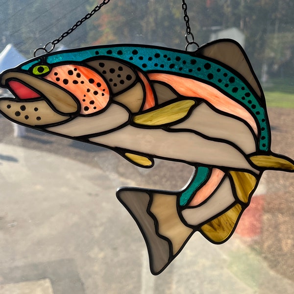 Rainbow Trout Steelhead Stained Glass Suncatcher - Fisherman Outdoorsman Gift - Leaded Glass