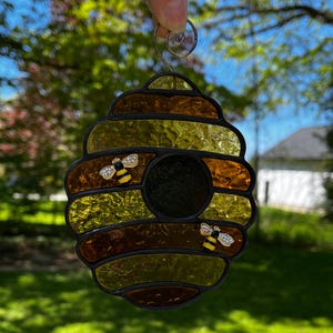 Handmade Stained Glass Beehive Suncatcher with Bumble Bees - Honeycomb Window Art - Gift for Bee Lovers - Glass Art Garden Decor
