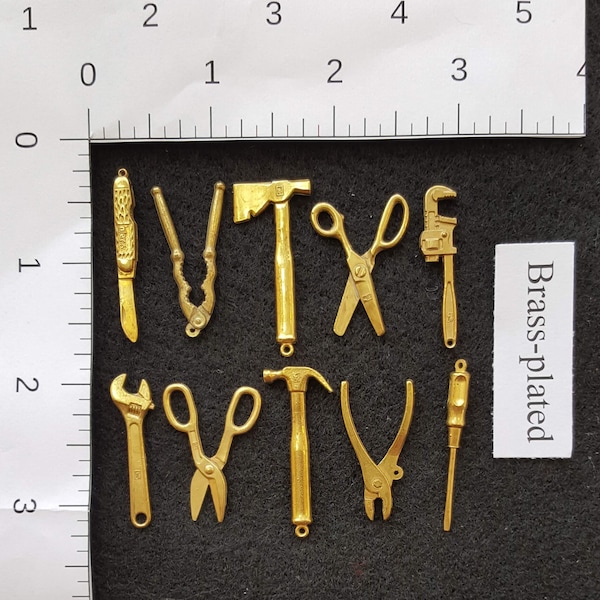 BRASS-plated & COPPER-plated Metal Tools Mini Tools Tiny Charms Intercast Miniature Tools Rare Vintage Souvenirs