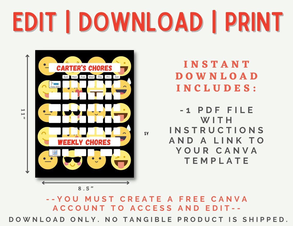 Emoji Chore Tracker for Kids Customizable Printable Picture - Etsy