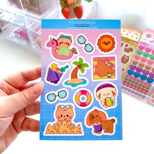 Kleurrijke zomerdagen Pochifam! Stickervel | Strandstickers | Kawaii Tropical, vakantie, vakantie, journaling, planner, plakboek,