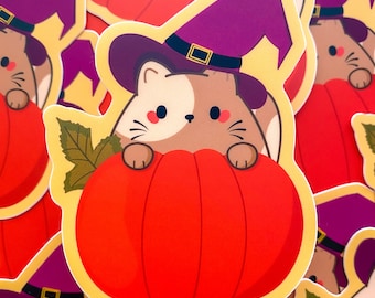 Chubby Cat Witch Sticker: Kawaii Halloween Pumpkin, Waterproof Vinyl