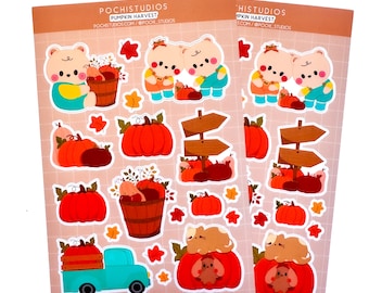 Kawaii Bear Pumpkin Stickers | Fall Planner Bujo Sticker Sheet