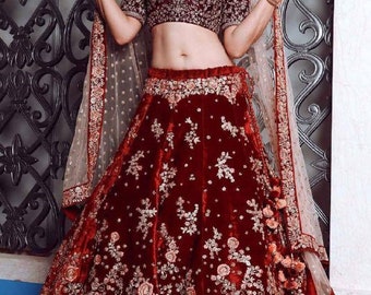 Charmant lehenga choli en velours rouge pour femme avec Dupatta, georgette indienne pour tenue de fête avec broderie épaisse et travail en miroir Lehenga Choli