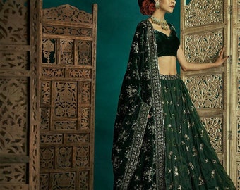 Green Velvet Embroidery Work Lehenga Choli for Women or girls  | Premium Quality Collection  | Wedding Party Wear Free Shipping For US UK