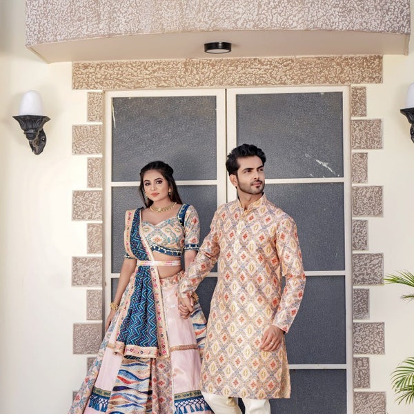 Ensemble de tenues indiennes pour couple, de créateur Lehenga Choli imprimé avec pyjama kurta pour hommes, vêtements indiens pour hommes, ensemble kurta pour tenues de soirée (livraison gratuite)