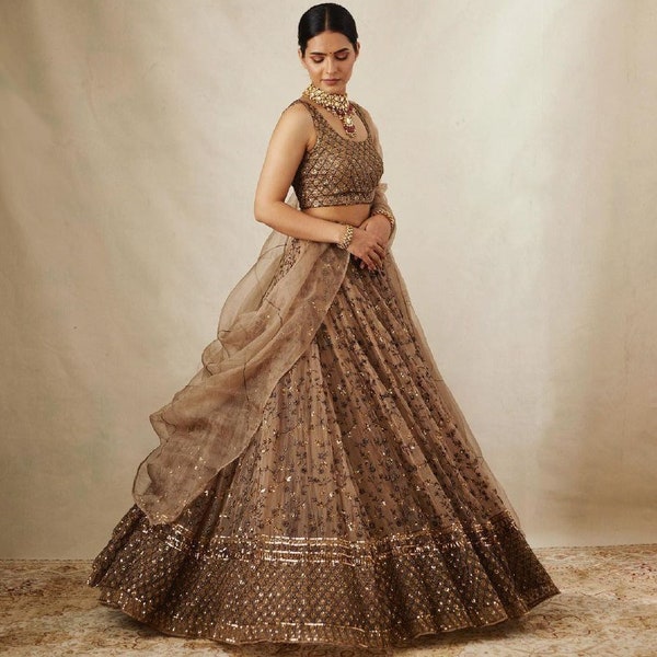 Brown Beautifu Lehenga Choli With Sequence Work, Soft Net Dupatta In Ready To Wear Lehenga,Bollywood Lehengas, Ethnic Lehengas, Indian Choli