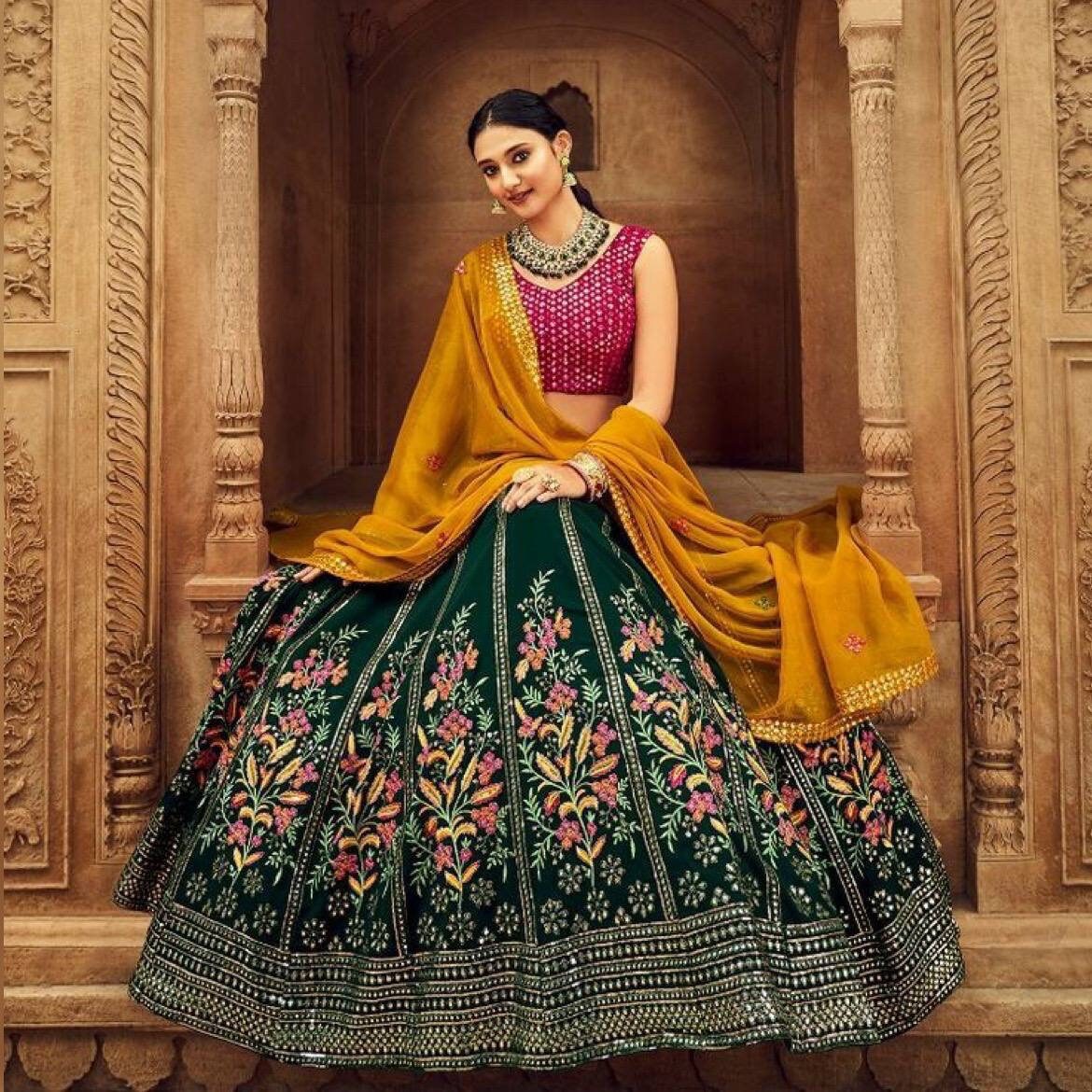 Orange and green lehenga choli sale