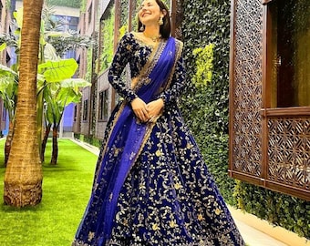 Navy Blue Embroidery Work Velvet  Lehenga Choli for Women or girls  | Premium Quality Collection  | Wedding Party Wear Free Shipping