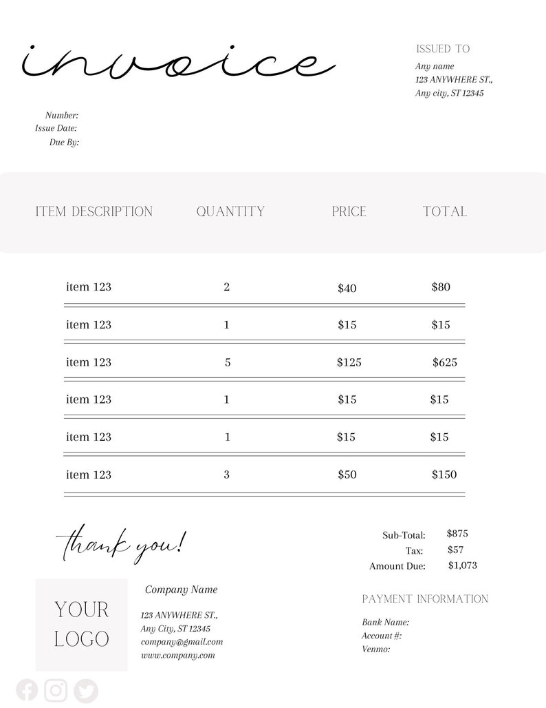 Invoice In Cursive Invoice Template | Simple Invoice | Clear Invoice Template | Minimalist ...